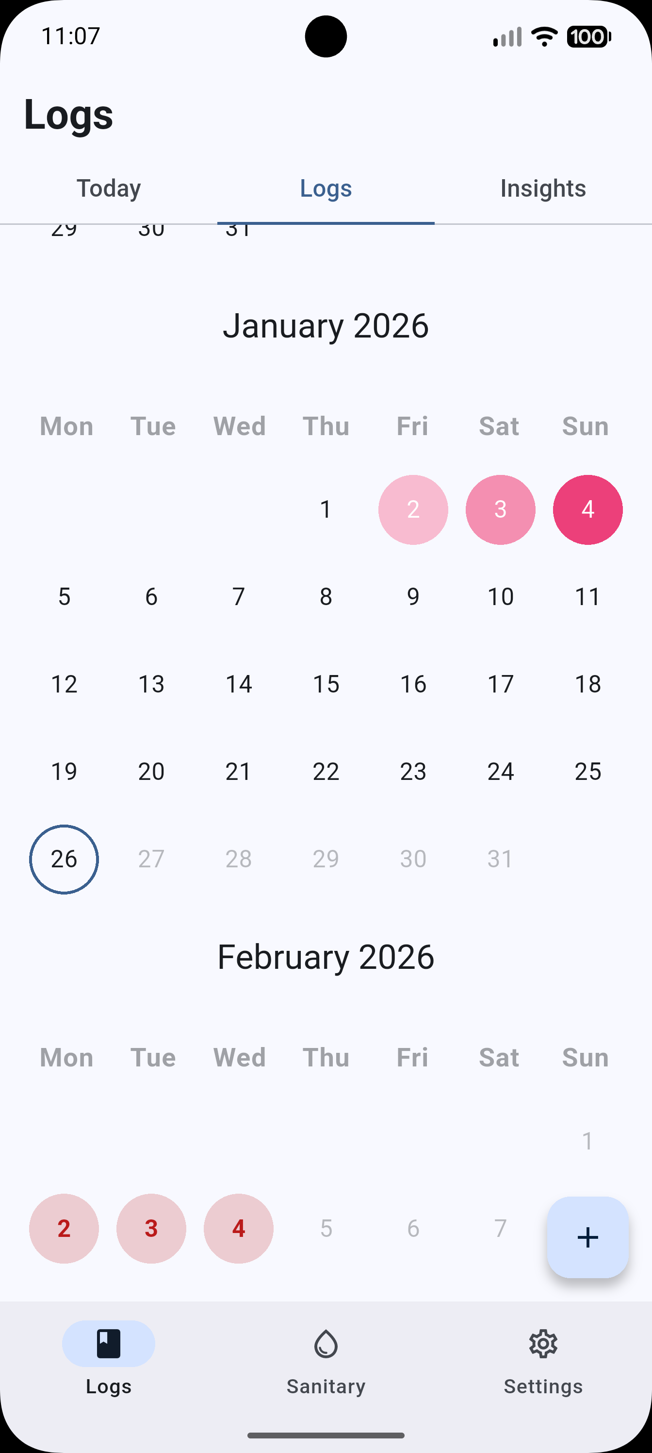  Logs Calender screen