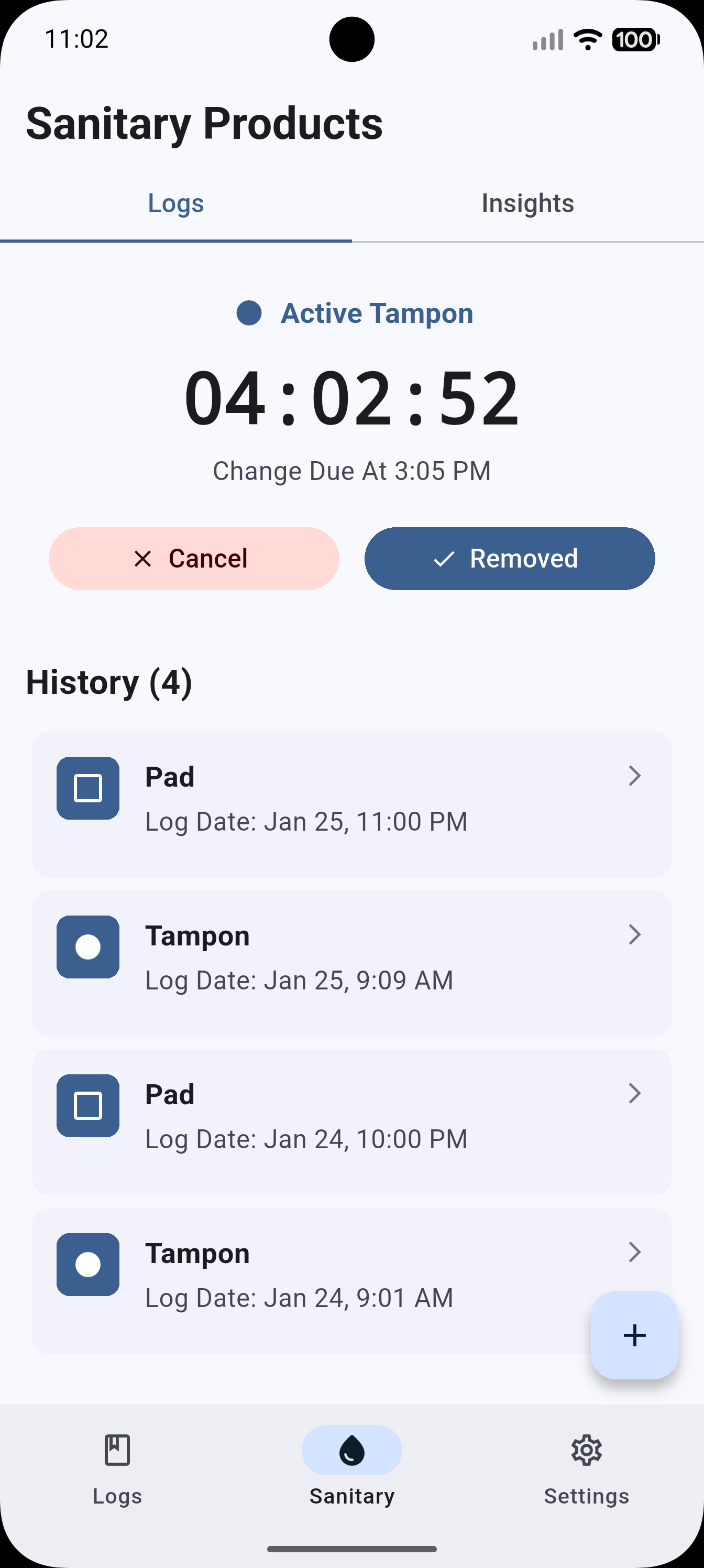 Tampon reminder screen