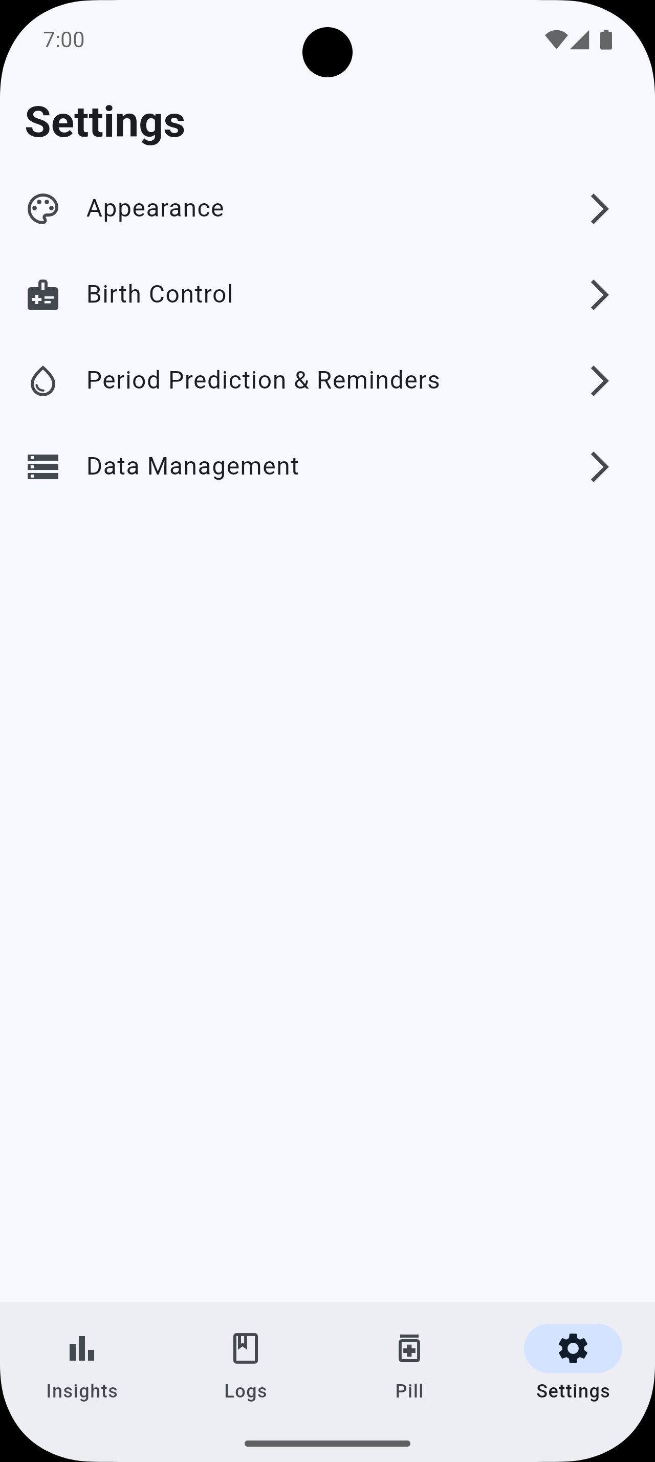 Settings page