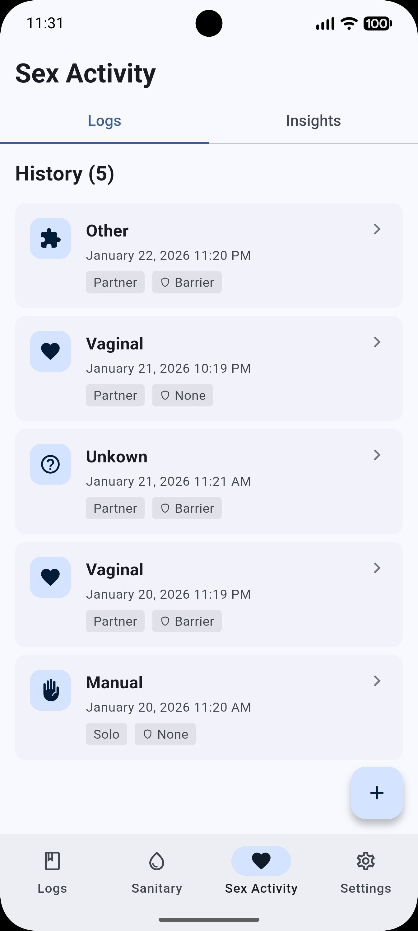 Sex activity log screen
