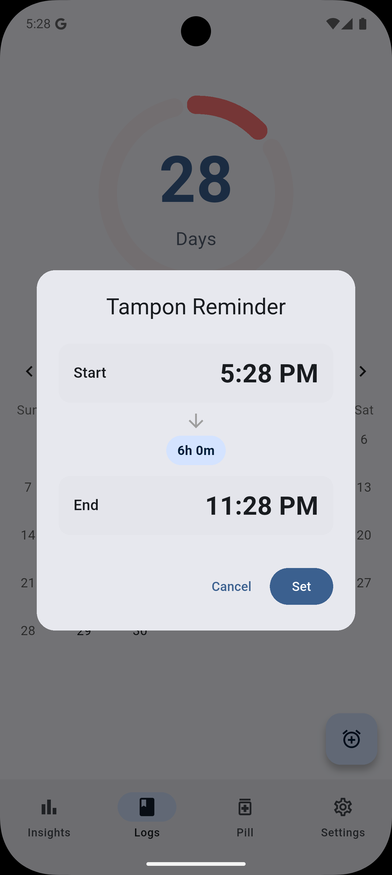Tampon reminder screen