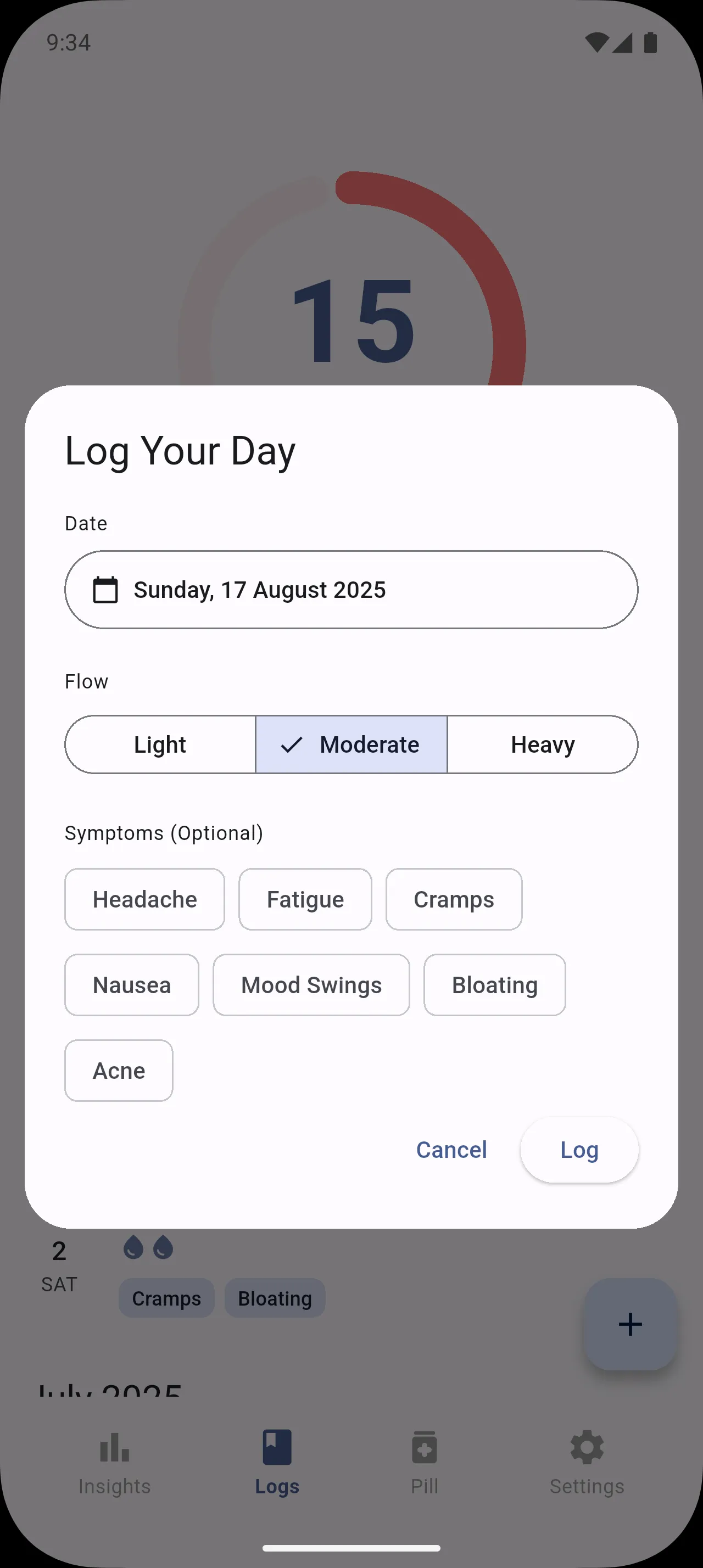 Screenshot showing the quick symptom entry for a period log in Menstrudel