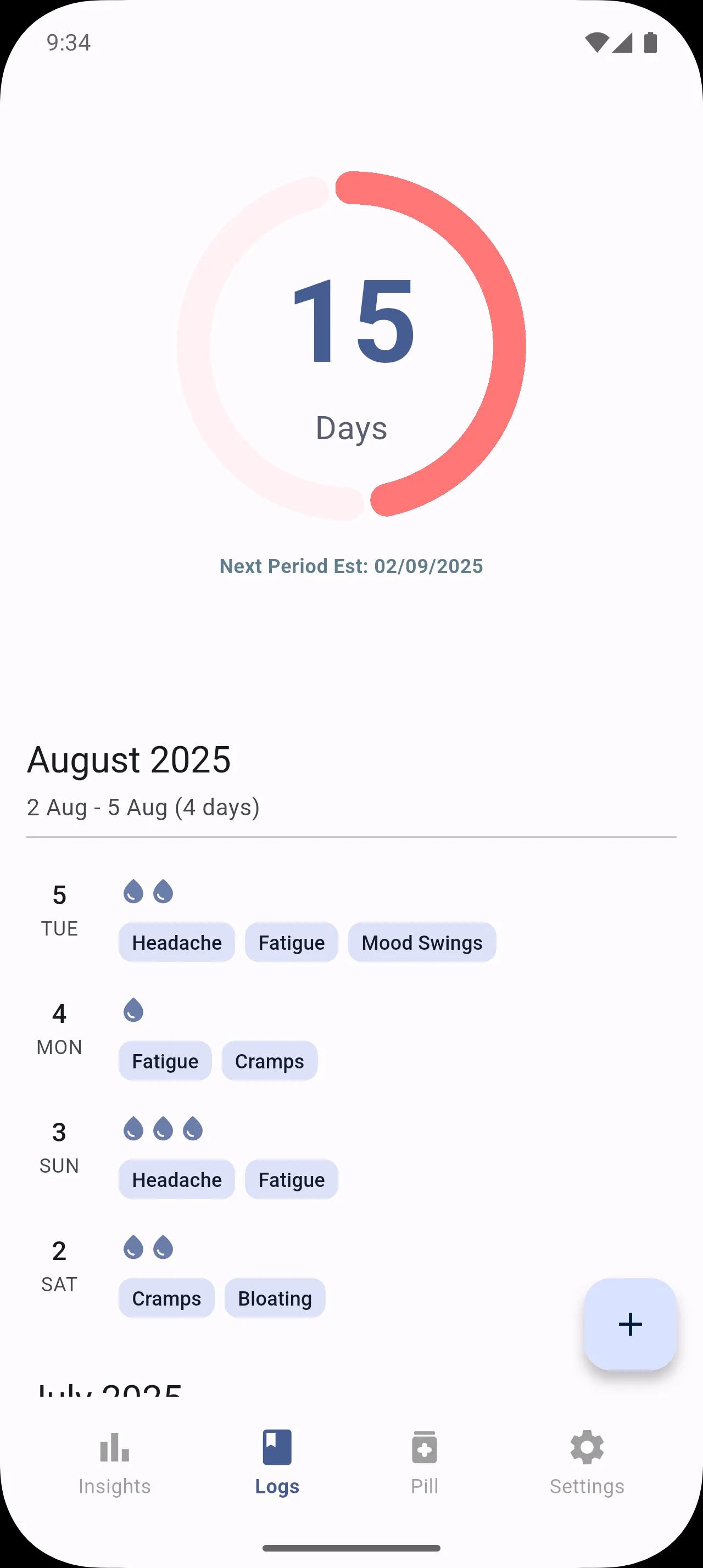 Screenshot of Menstrudel's daily period log view on Android