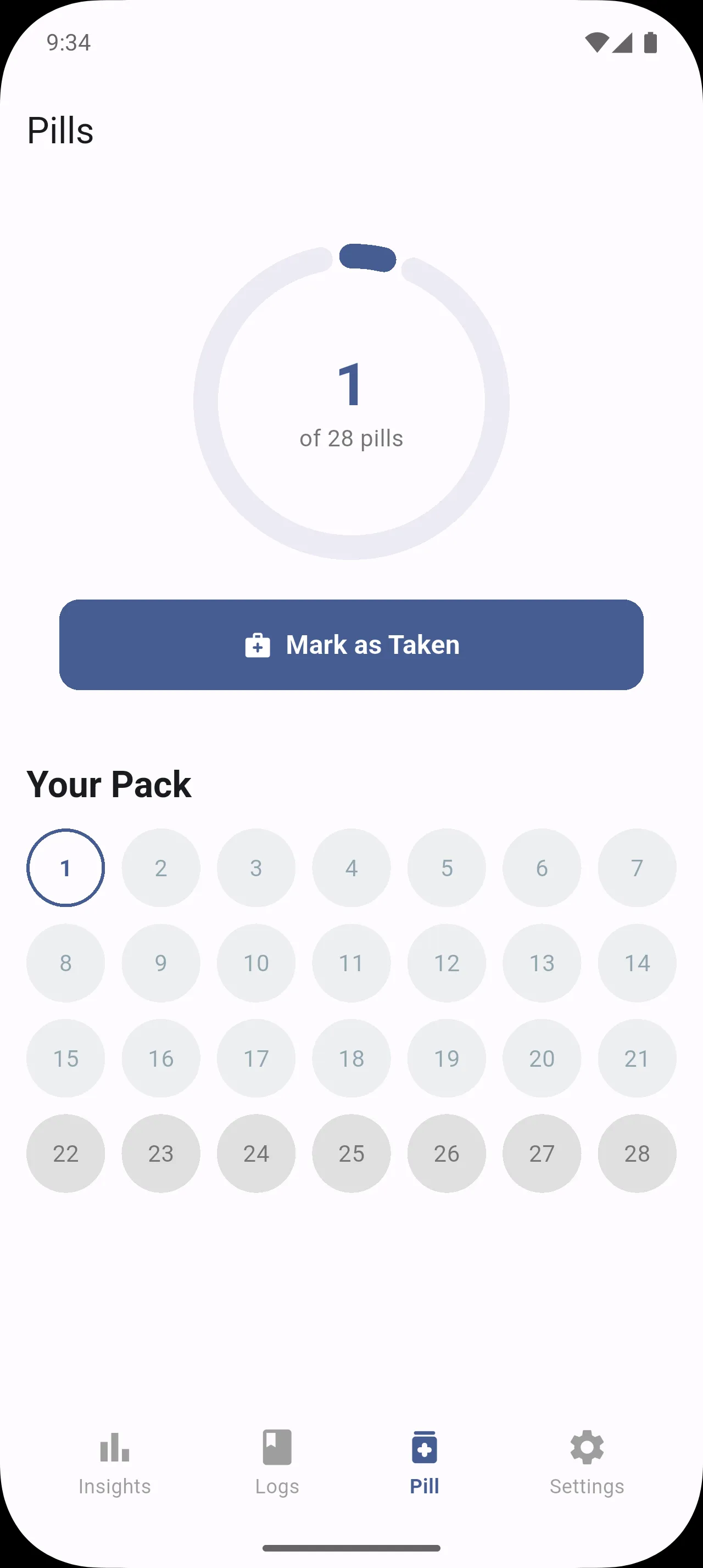 Screenshot of the pill reminder screen in Menstrudel