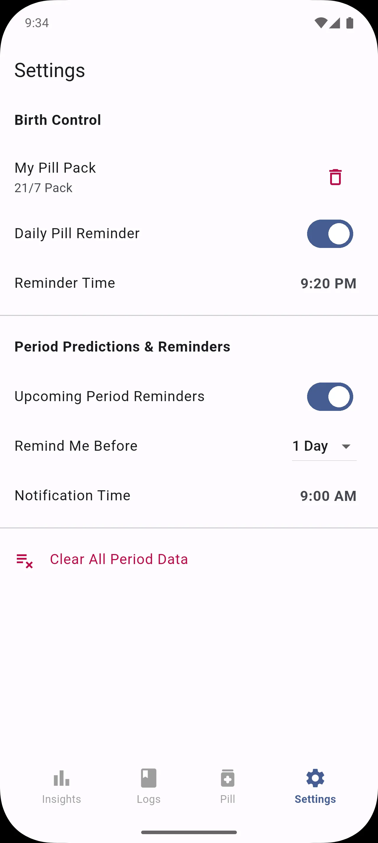 Screenshot of the Menstrudel settings page showing notification options