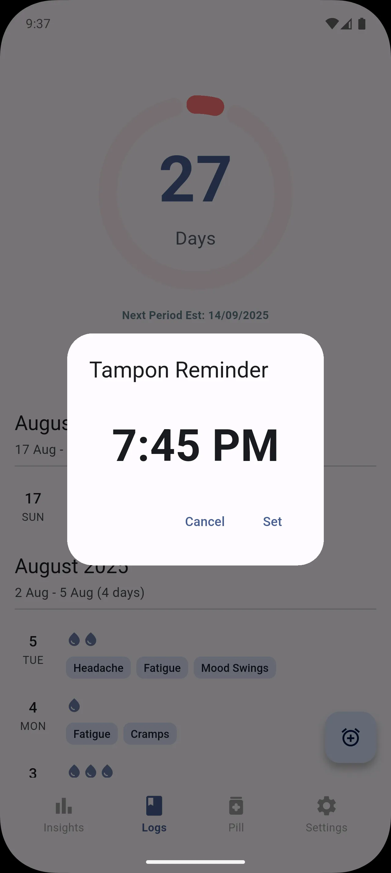 Screenshot of the tampon change reminder setup in Menstrudel